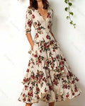 Women's Retro Elegant Floral Print Irregular Ruffle Patchwork Linen Dress 5502