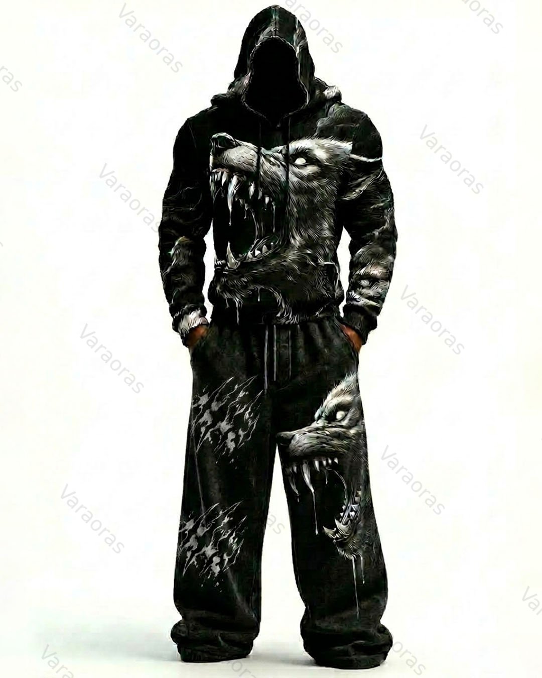 Men's Fashion Viking Contrast Color Embroidered Hoodie & Pants Two-Piece Set 3684