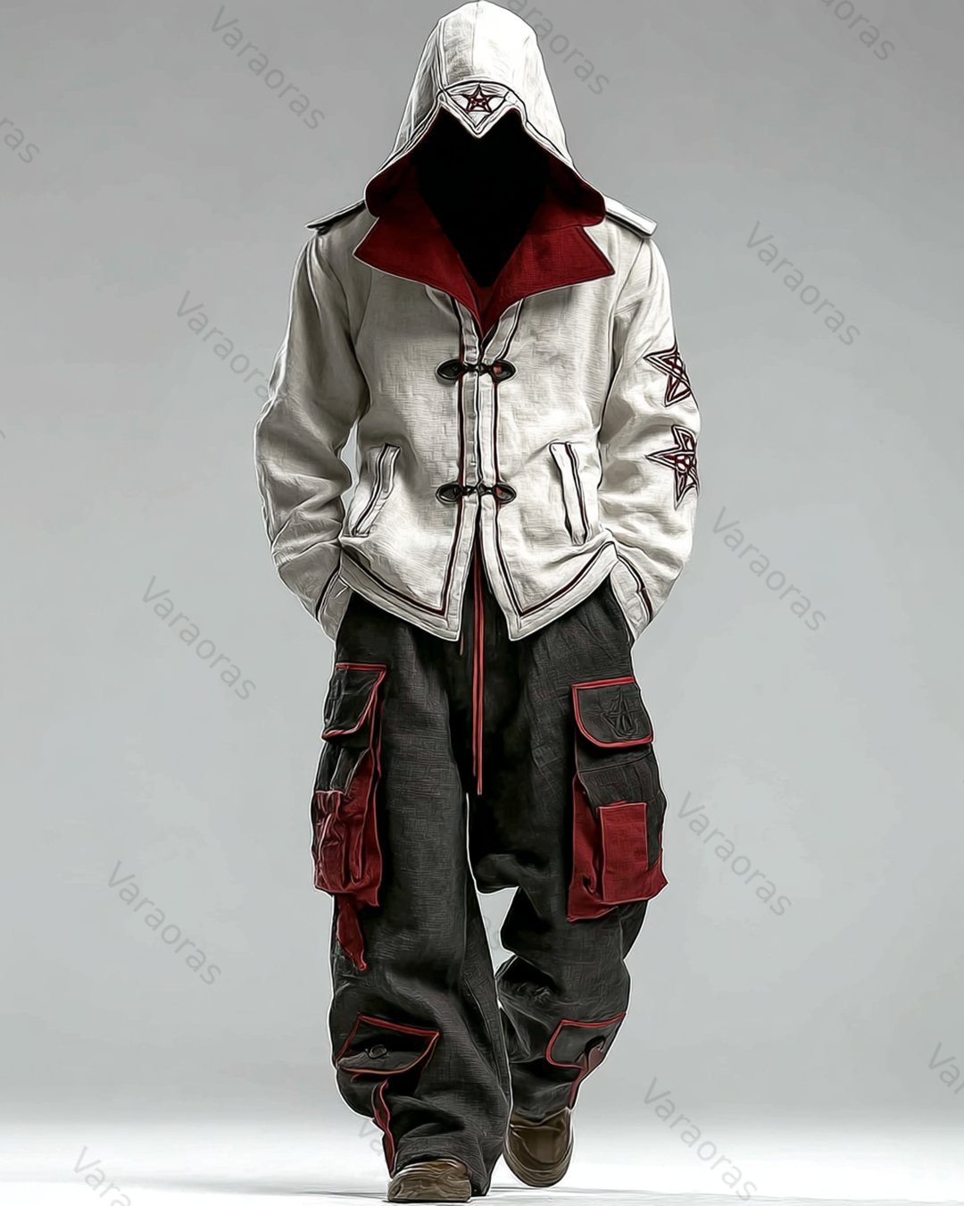 Men's Fashion Viking-Style Color-Block Pocket Hooded Top & Pants Two-Piece Set 3536