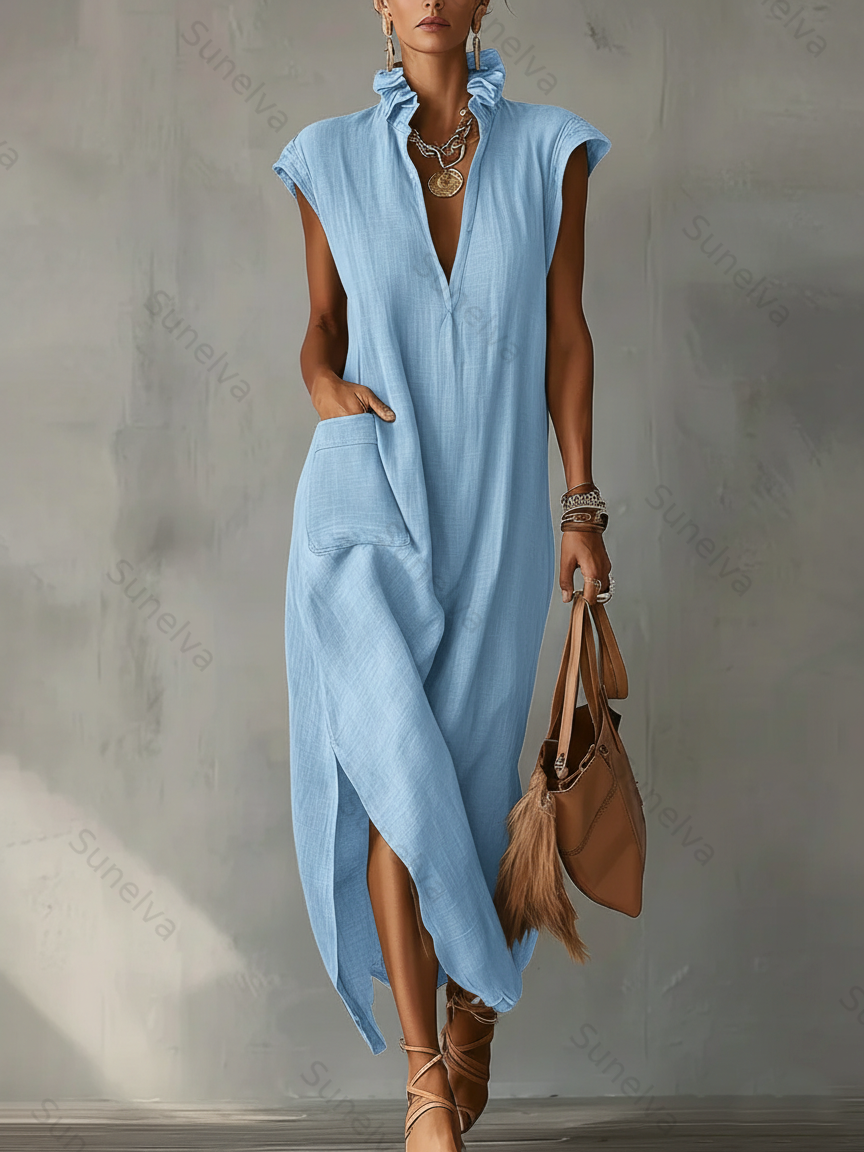 Women’s Ruffle Collar Cotton Linen Midi Dress – Elegant Summer Dress 5a17