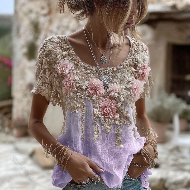 Women's Pink Rose Embroidery Art Round Neck Short Sleeve Linen Blend T-shirt 29bd