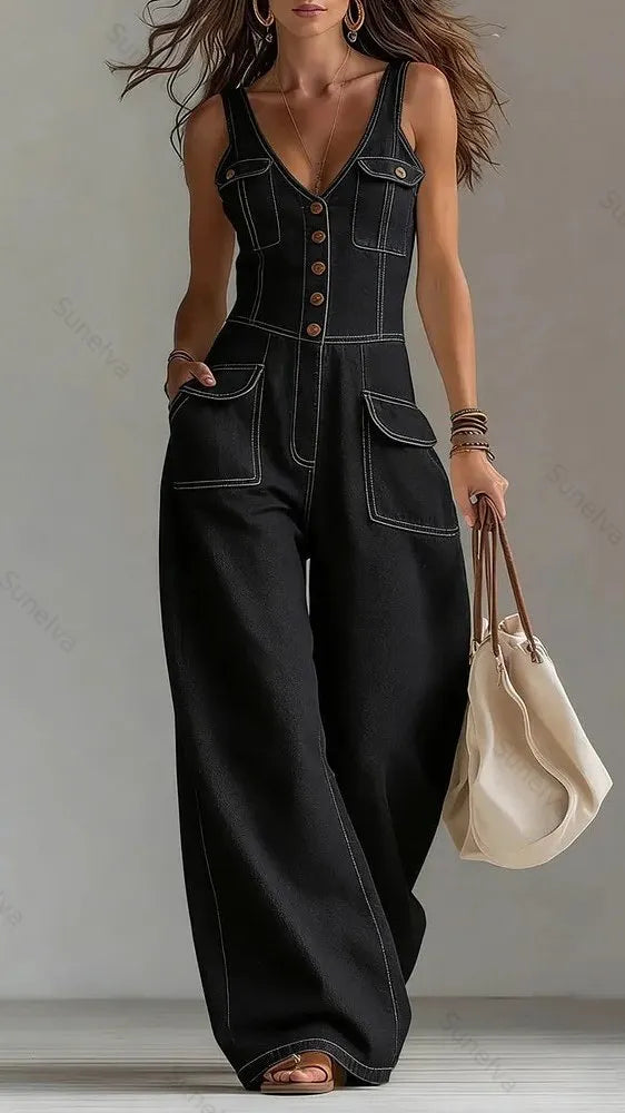 Women's Washed Denim Loose-Fit Sleeveless Jumpsuit with Straps 5e3e