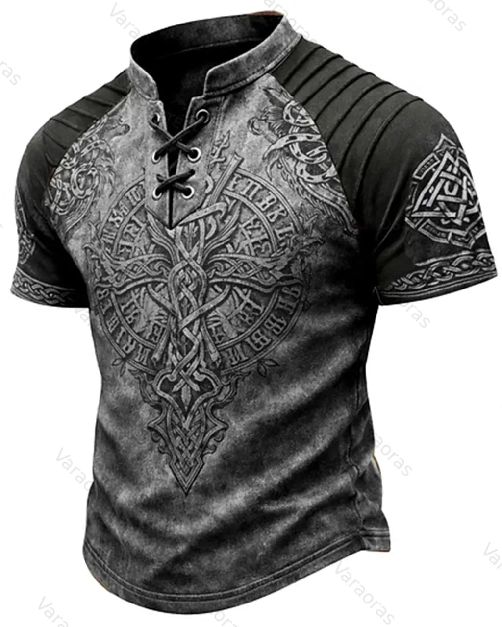 Men's Vintage Viking Celtic Knot Print Short-Sleeve Henley T-Shirt 5988