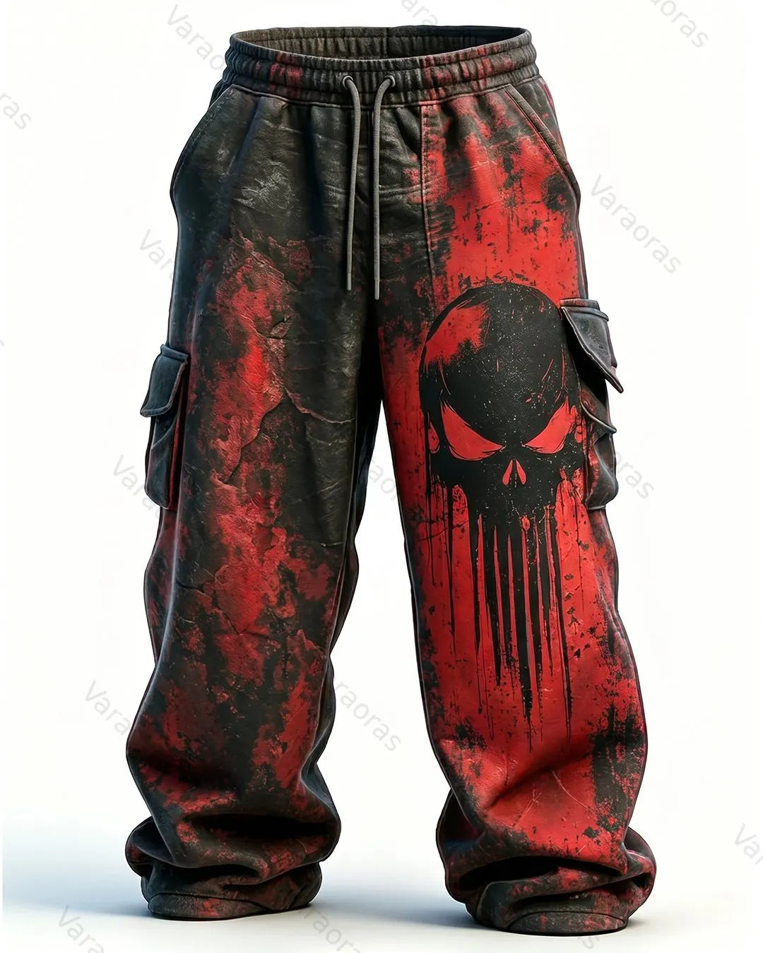 (Short Set) Men's Fashion Vintage Contrast Color Skull Embroidered Hoodie & Pants Two-Piece Set 5721