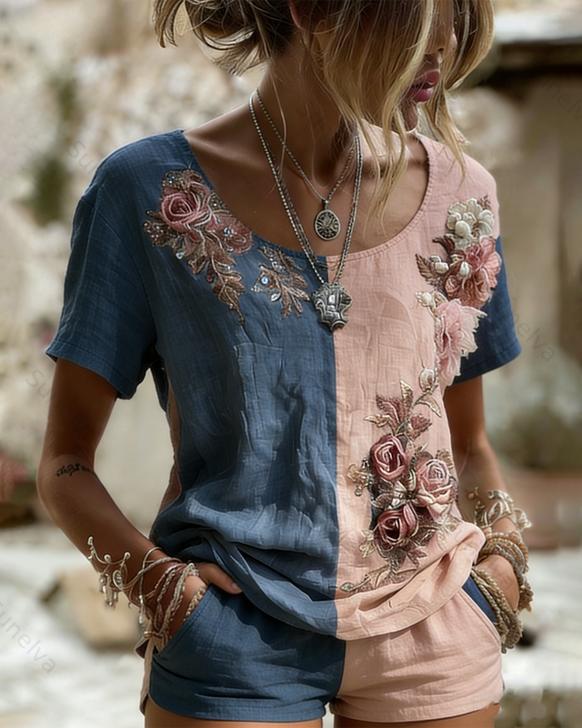 Women's Spring Elegant Floral Embroidery Color-Blocked Linen Short-Sleeve Top 9486