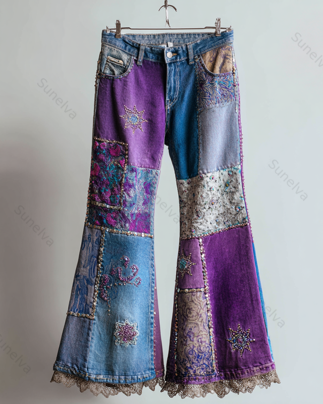 Spring/Summer Color Block Denim Linen Flared Pants6583