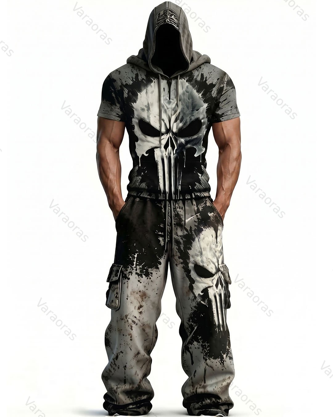 Men's Fashion Skull Contrast Color Embroidered Hoodie & Pants Two-Piece Set 3460