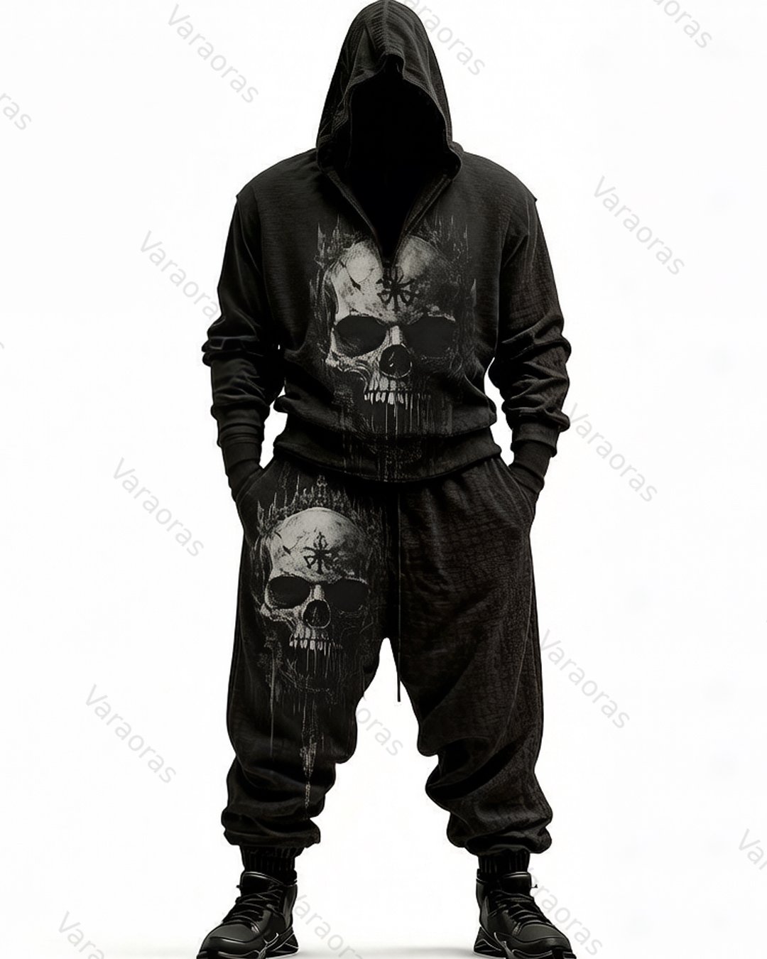Men's Summer Fashion Gothic Skull Gradient Hooded Top and Pants Two-Piece Set  6809