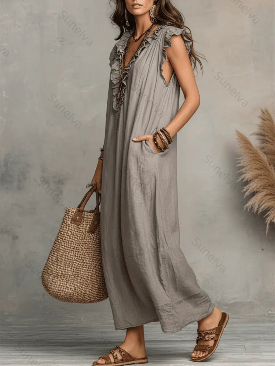 Women's Solid Color Ruffled Art Casual Fashion Cozy Cotton Linen Dress 5e35