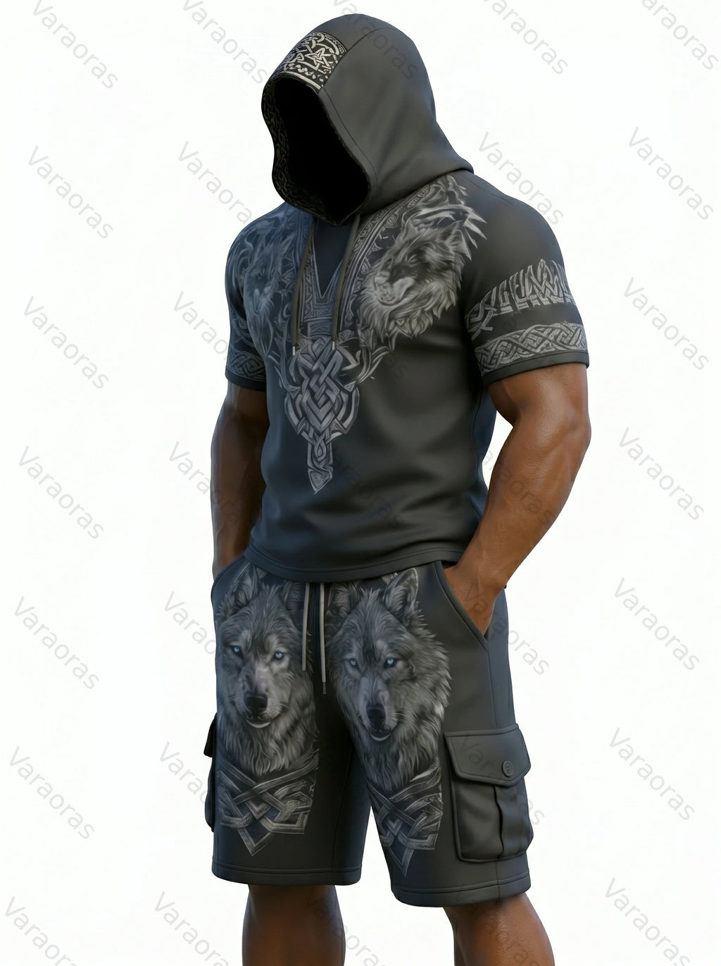 Men's Viking Contrast Color Wolf Embroidered Short-Sleeve Hoodie & Shorts Two-Piece Set 2819