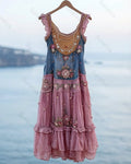 Women's Summer Flowers Embroidery Irregular Ruffle Linen Patchwork Dress 9851