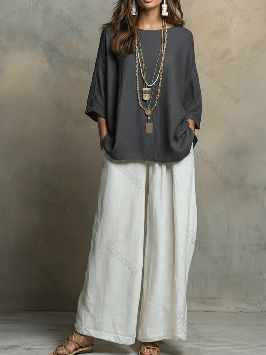 Cozy Cotton-linen Irregular Top And Wide-leg Pants Two-piece Set 95ff