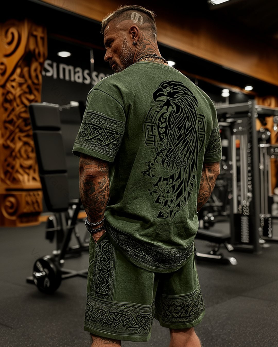 Men's Viking-Style Color-Block Embroidered Short-Sleeve Shirt and Shorts Set 4977