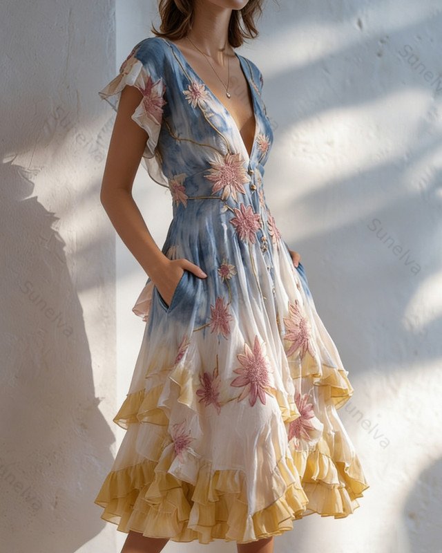 Women's Vintage Floral Embroidery Tie-Dye Gradient Linen Blend Dress  7179