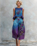 Women's Summer Resort Floral Embroidery Tie-Dye Gradient Linen Sleeveless Top & Pants Two-Piece Set 1825