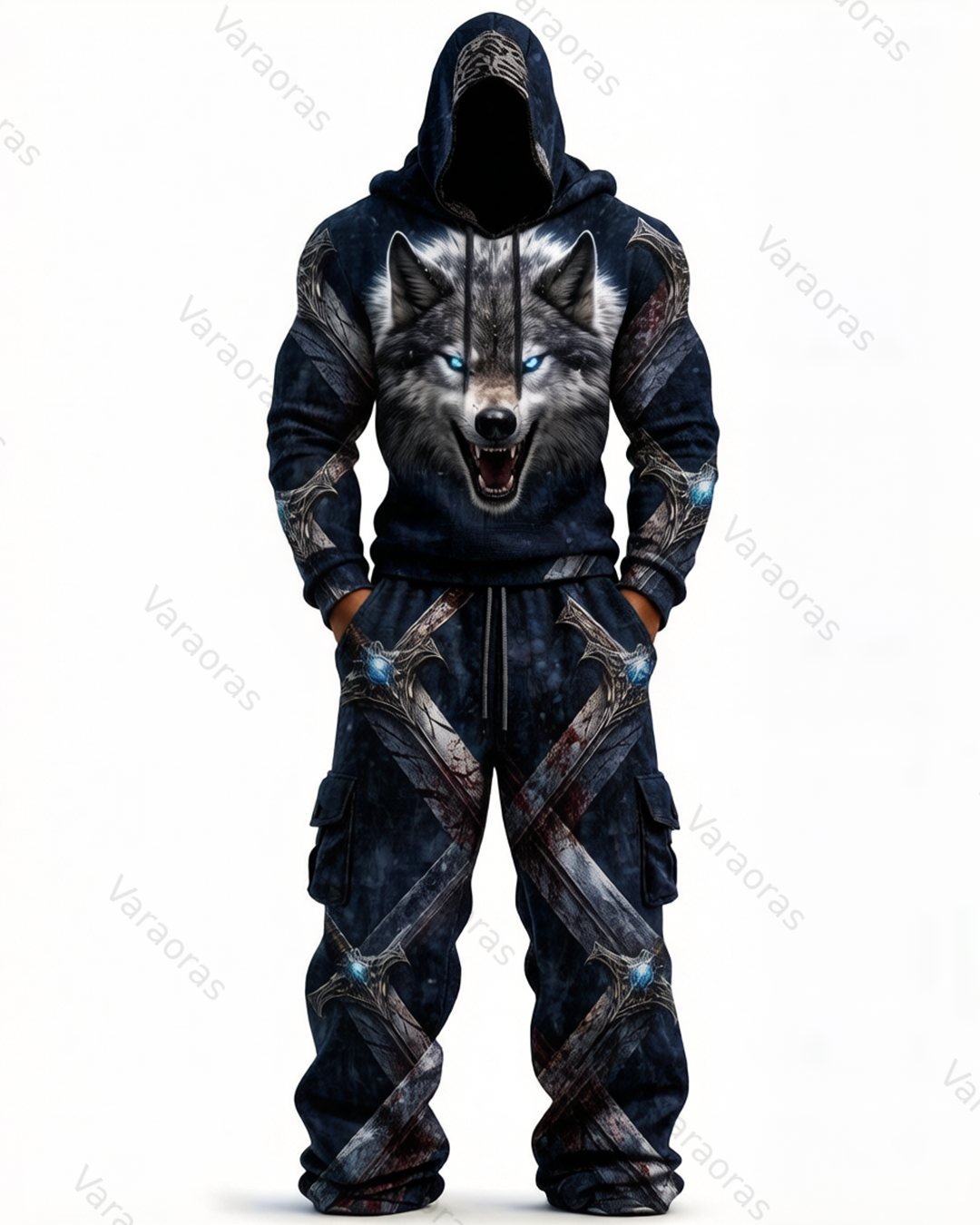 Men's Fashion Viking Contrast Color Embroidered Hoodie & Pants Two-Piece Set 1120