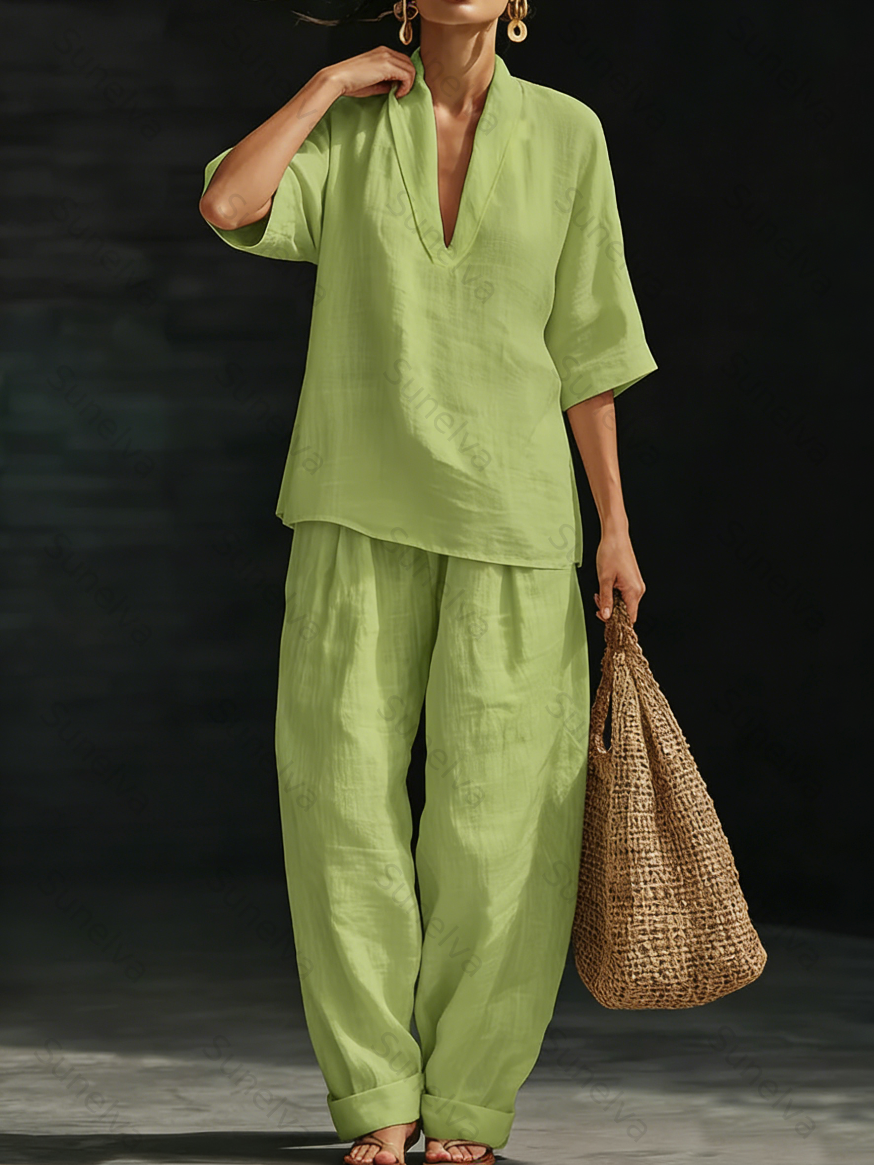 Casual And Cozy Minimalist Linen Two-piece Set 8539