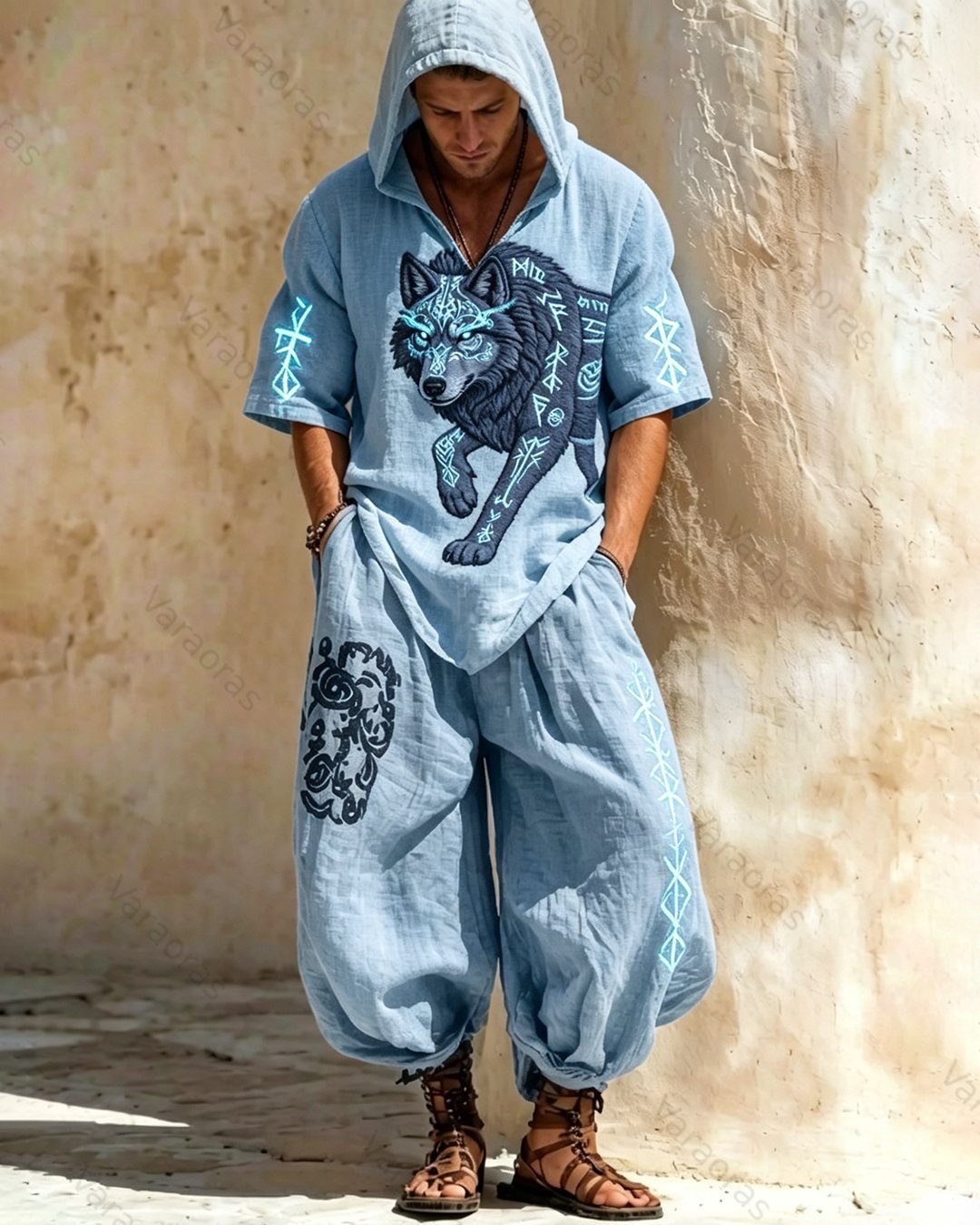 Men's Viking Color-Blocked Embroidered Top & Pants Two-piece Set 3035