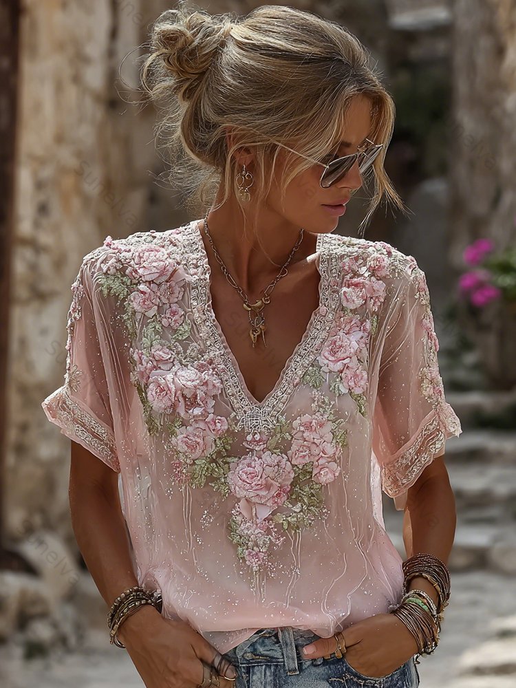 Women's Vintage Resort Embroidered Floral V-neck T-shirt 4972