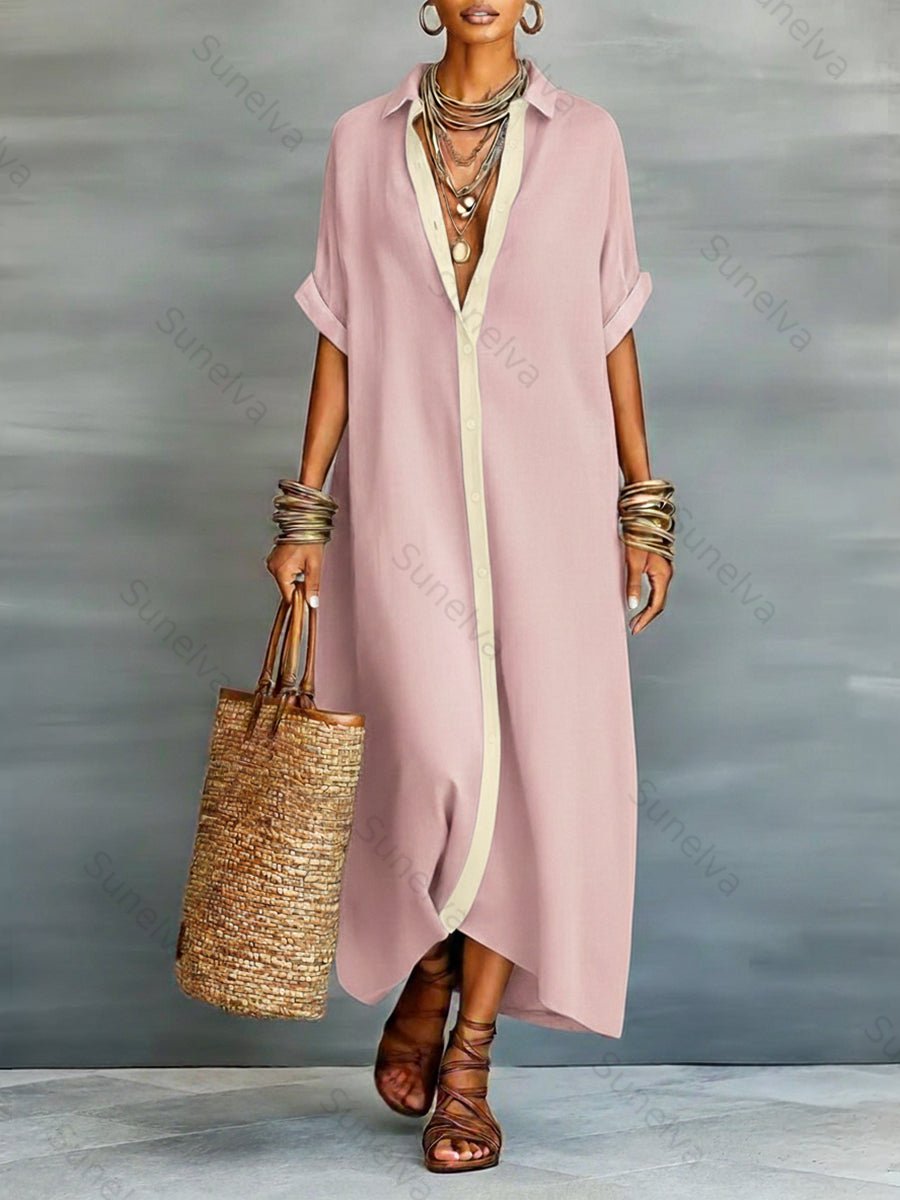 Women's Loose-fitting Linen And Cotton Shirt Dress 69ab