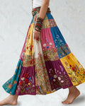 Women's Summer Elegant Floral Embroidery Patchwork Linen Midi Skirt   8768