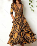 Women's elegant irregular ruffled linen patchwork dress 2092