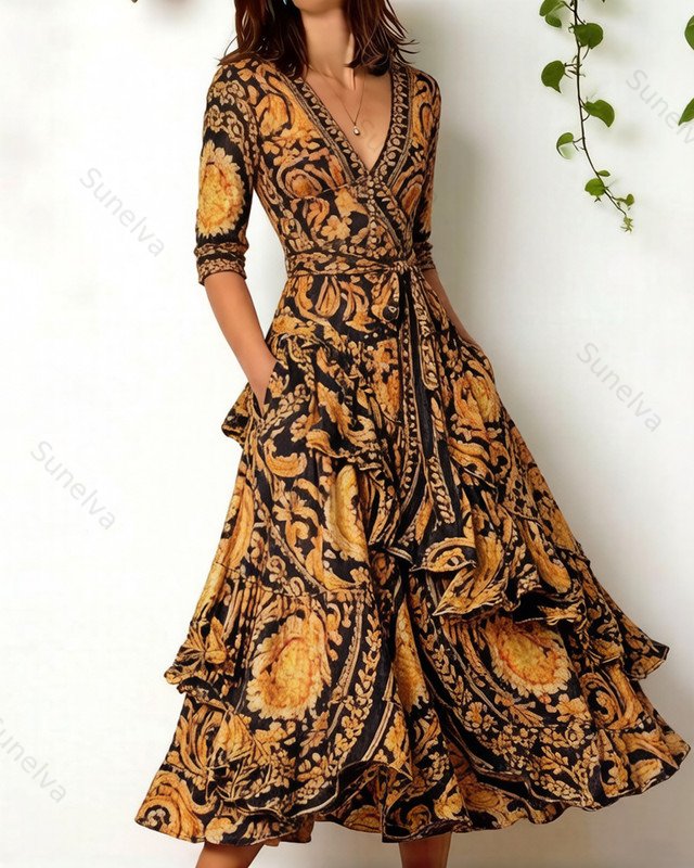 Women's elegant irregular ruffled linen patchwork dress 2092