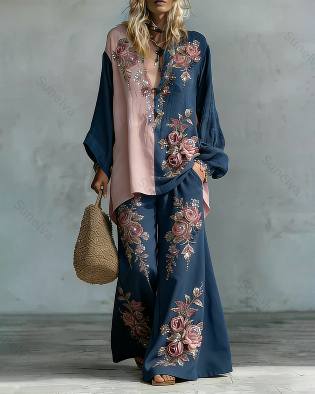 Women's Spring Elegant Floral Embroidery Color-Blocked Linen Suit 8338