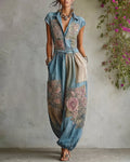 Women's Summer Elegant Floral Embroidered Patchwork Linen Jumpsuit 6880