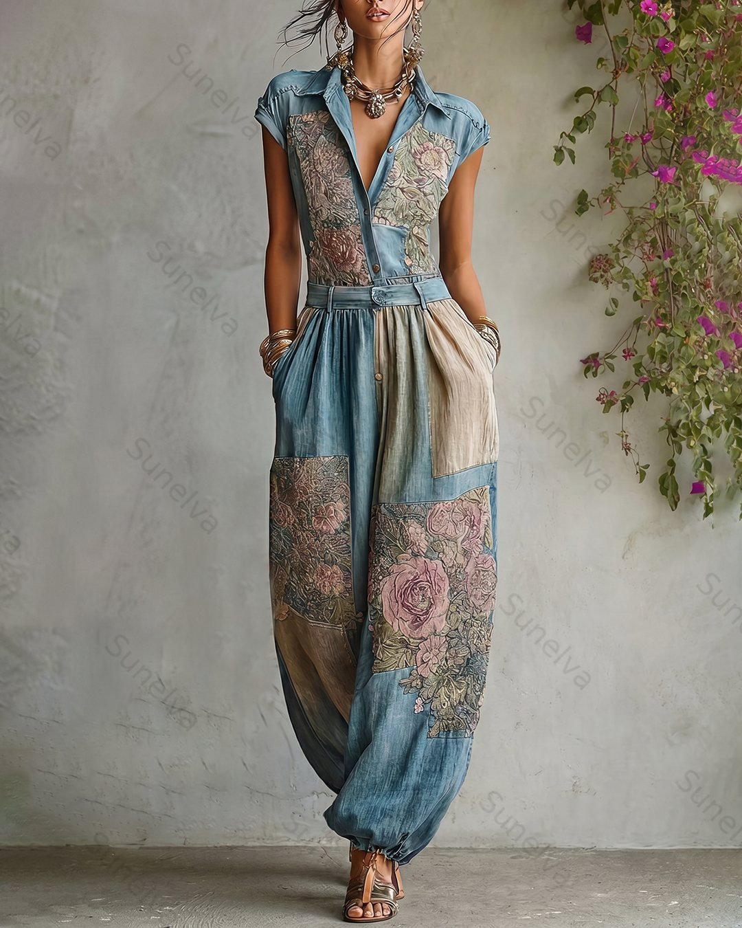 Women's Summer Elegant Floral Embroidered Patchwork Linen Jumpsuit 6880