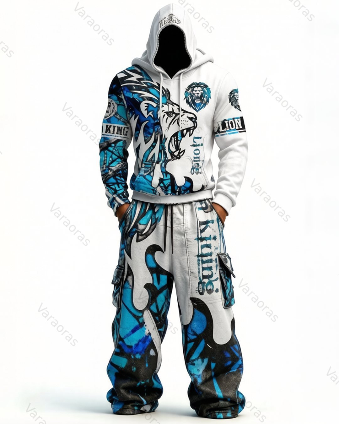 Men's Fashion Viking Contrast Color Embroidered Hoodie & Pants Two-Piece Set 7172