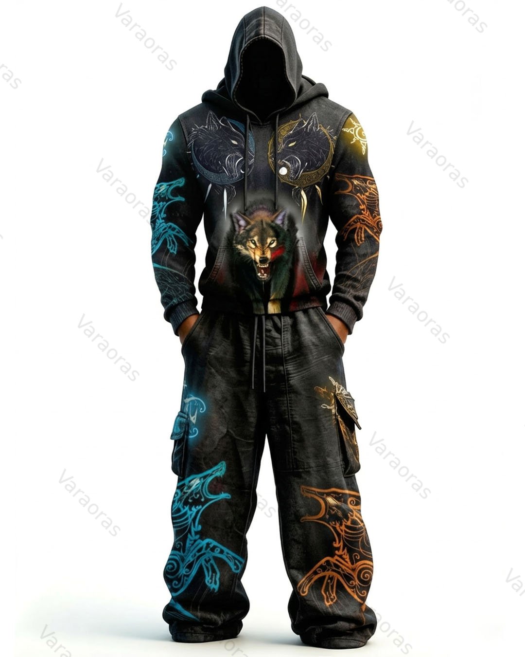 Men's Fashion Viking Contrast Color Embroidered Hoodie & Pants Two-Piece Set 1109
