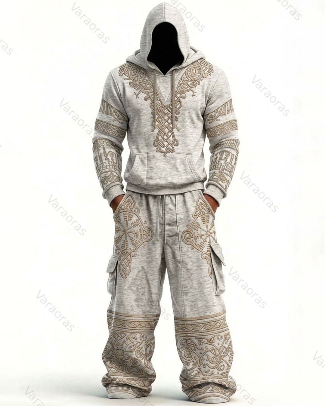 Men's Fashion Viking Contrast Color Embroidered Hoodie & Pants Two-Piece Set 7588