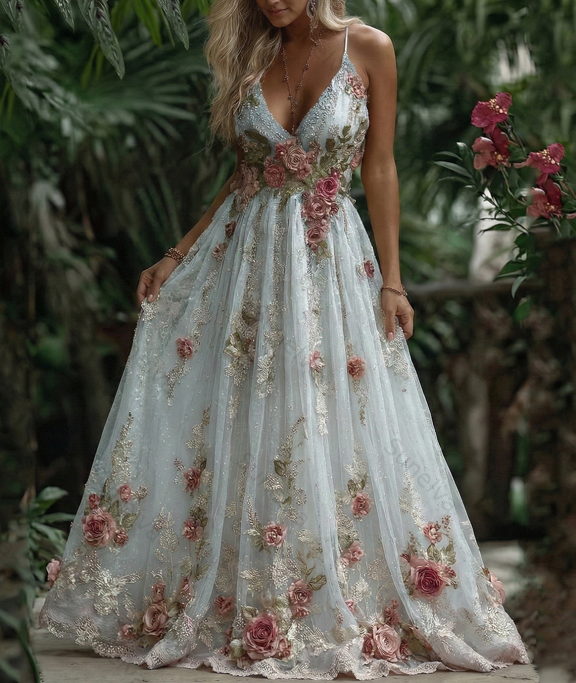 Women's Pink Rose Embroidery Art Suspender Maxi Dress 53c9