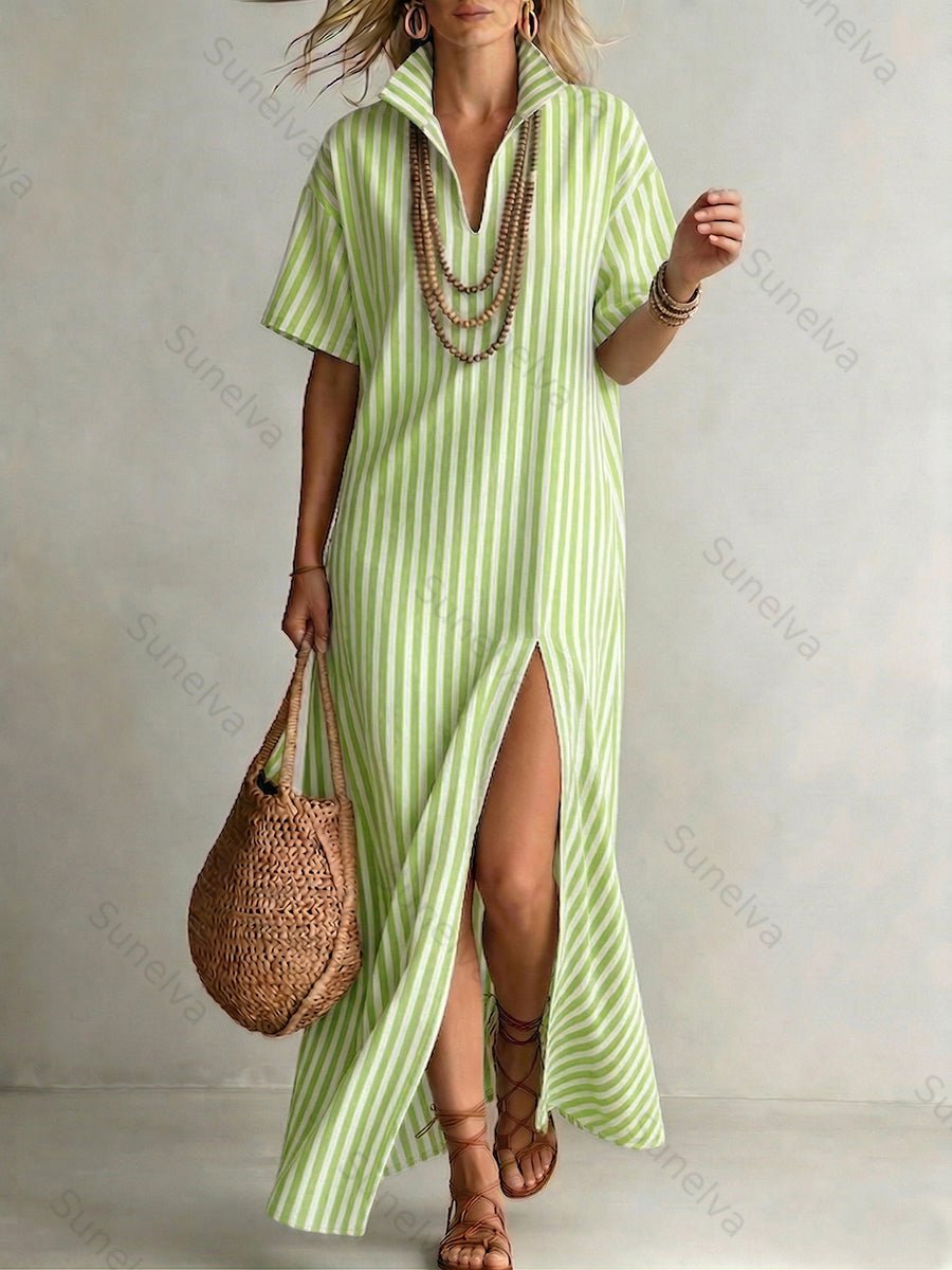 Stylish Stand-collar Striped Loose-fit Cotton-linen Maxi Dress 626e