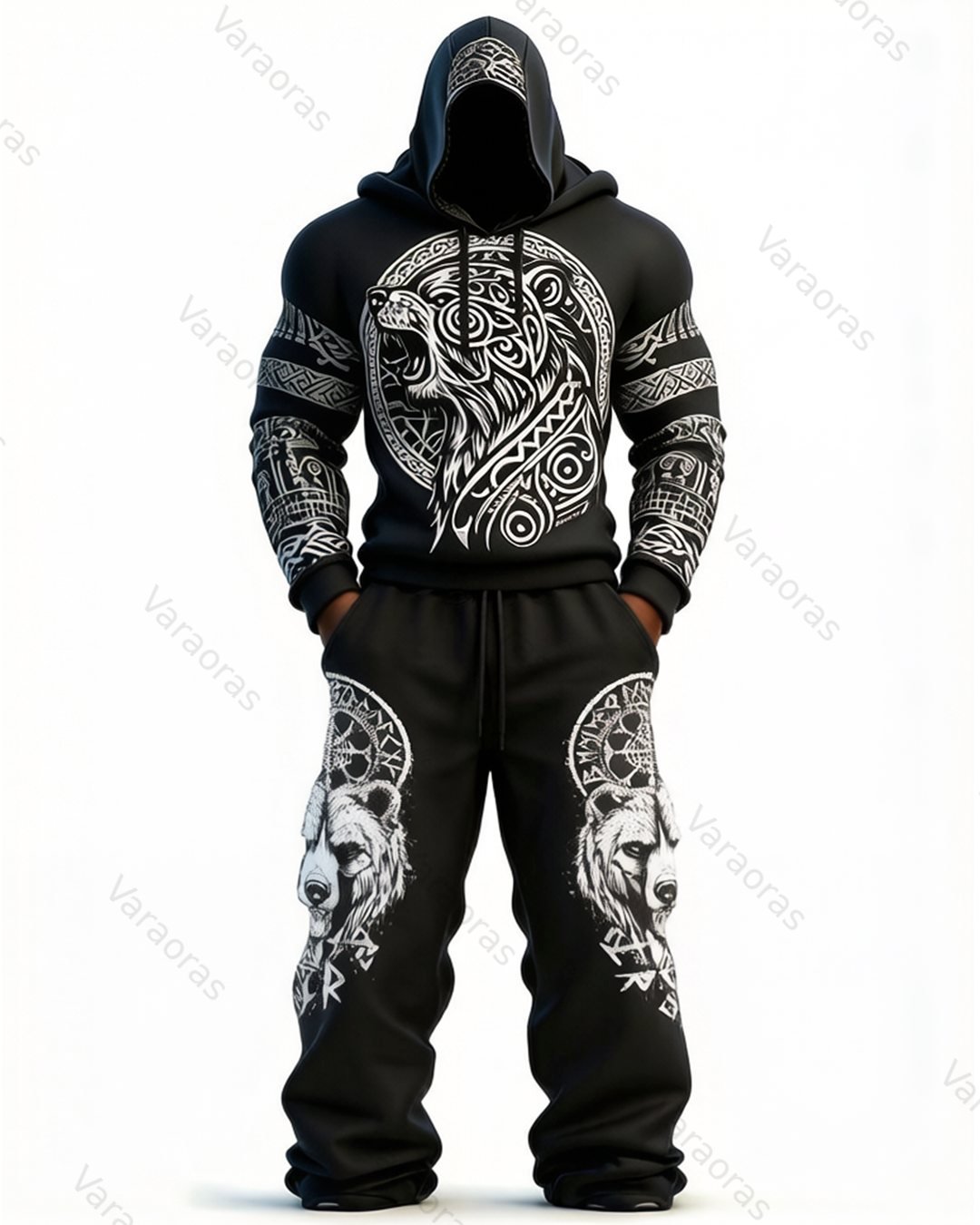 Men's Fashion Viking Contrast Color Bear Embroidered Hoodie & Pants Two-Piece Set 9859