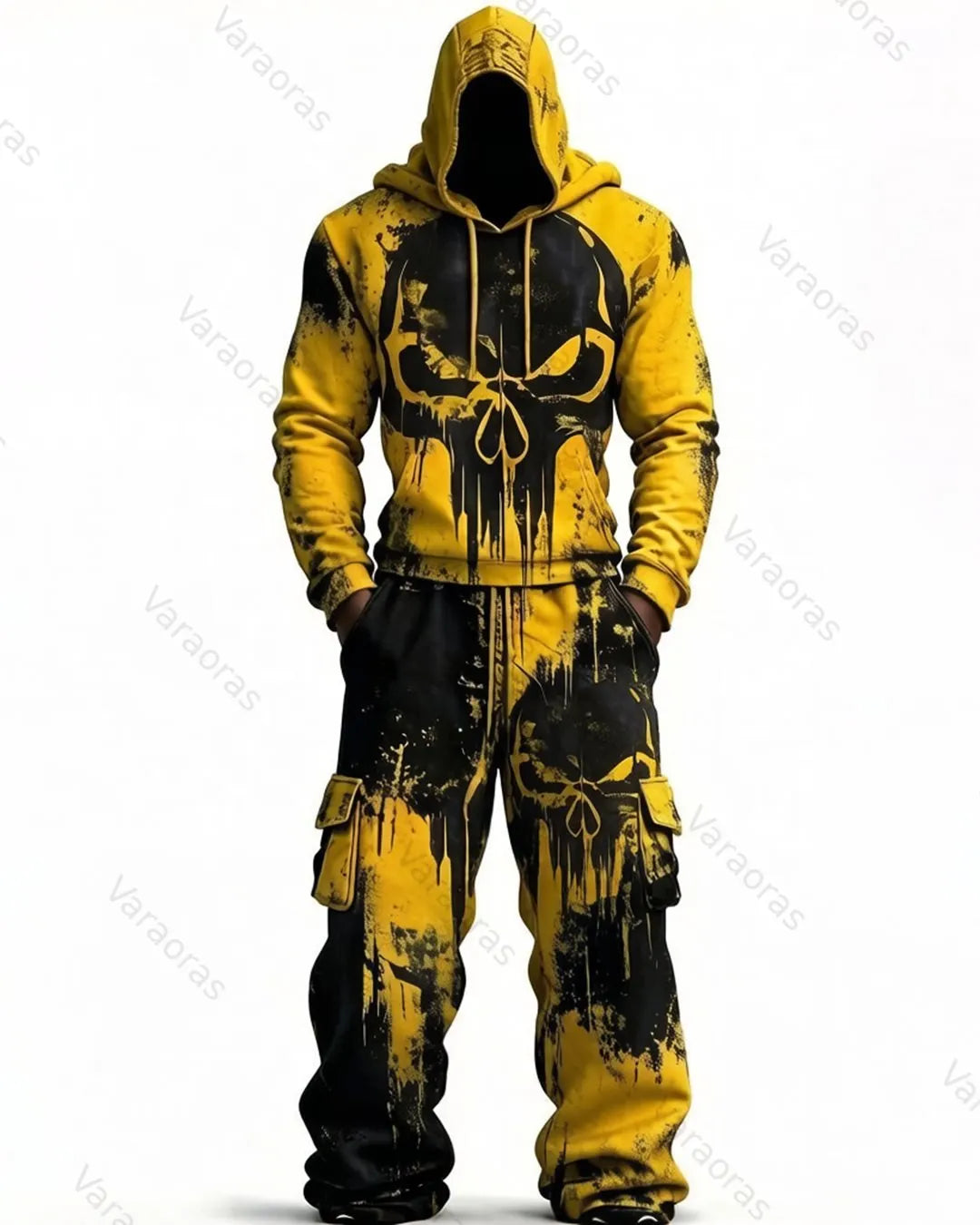 Men's Fashion Skull Contrast Color Embroidered Hoodie & Pants Two-Piece Set 2657