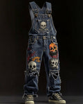 Men's Fashionable and Playful Color-Blocked Skull-Print Overalls 6159