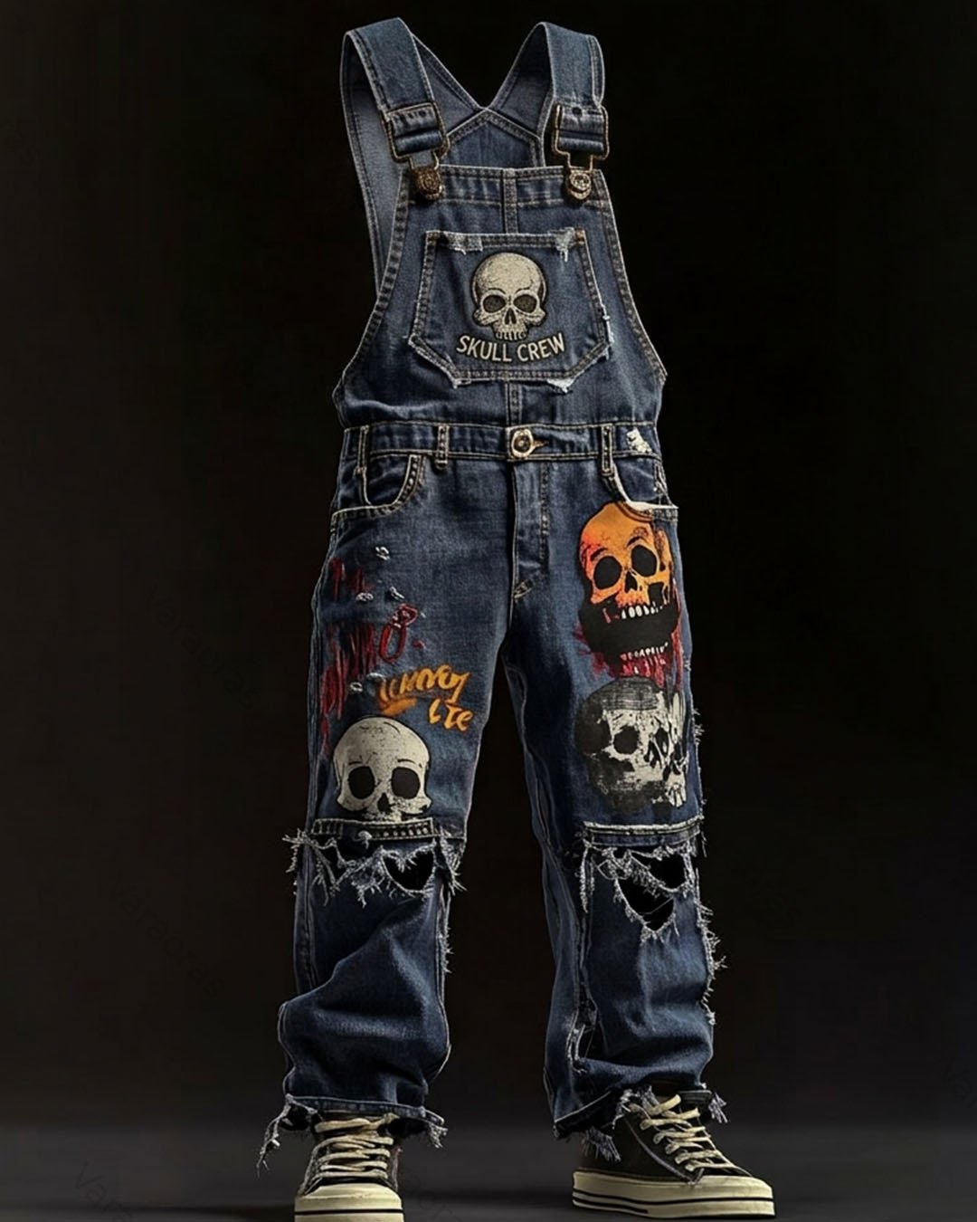 Men's Fashionable and Playful Color-Blocked Skull-Print Overalls 6159