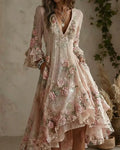 Women's Vintage Elegant Floral Embroidered Asymmetric Linen Blend Dress 9159