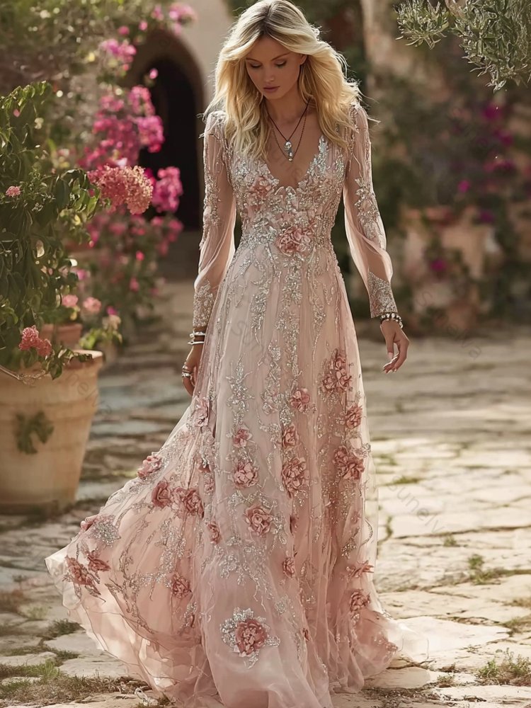 Vintage Boho Roses Embroidered Flowy Linen Maxi Dress 48fe