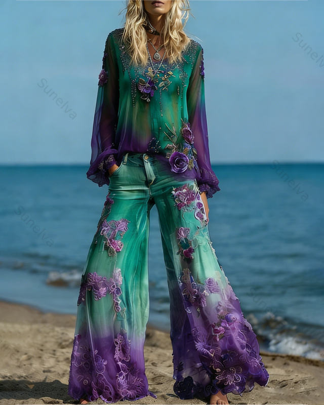 Women's Spring Resort Floral Embroidered Top & Pants Two-Piece Set9532