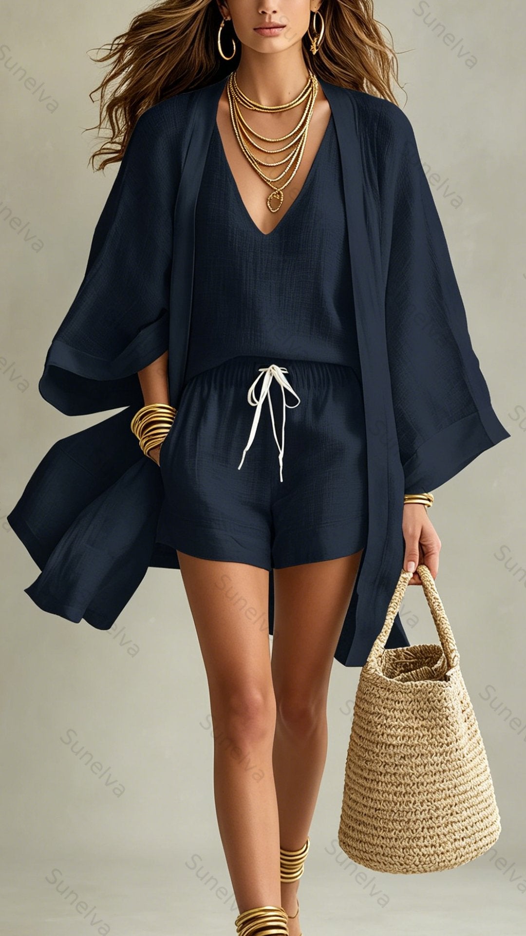Women's  Linen-Blend Three-Piece Set (Kimono + Tank + Shorts) 2c34