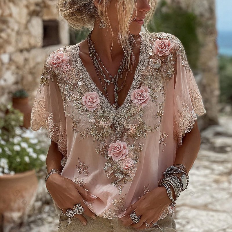 Women's Pink Roses Embroidered Art V-neck Short Sleeve Linen Blend T-shirt 4f5a