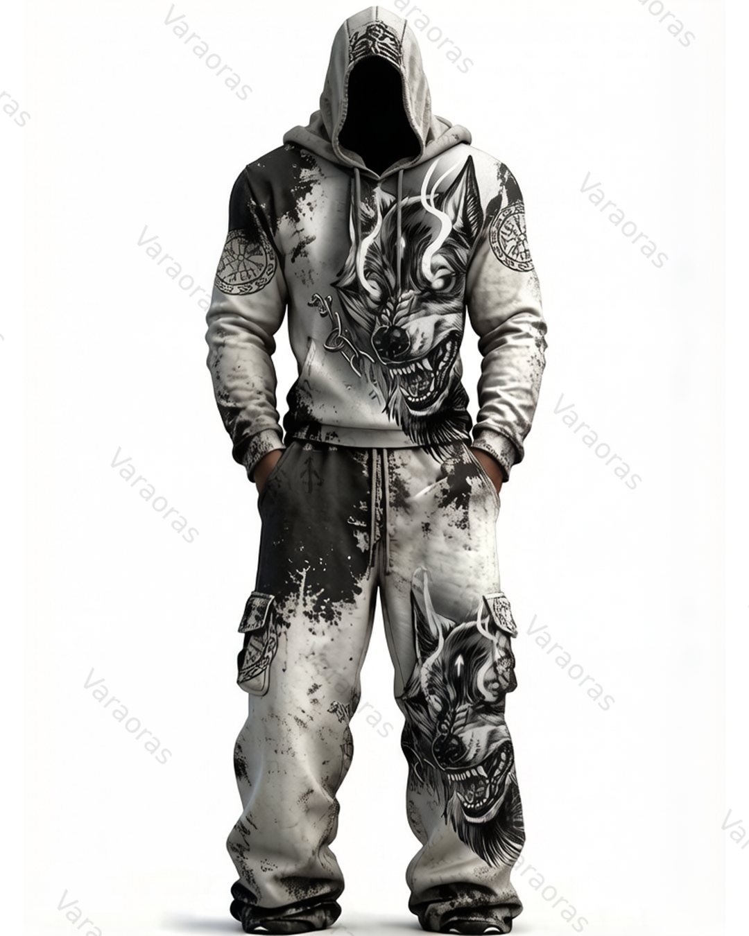 Men's Fashion Viking Contrast Color Embroidered Hoodie & Pants Two-Piece Set 6270