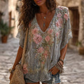 Women's Retro Boho Pink Floral Embroidered Art V-neck Short Sleeve T-shirt 53de