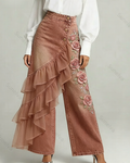Women's Summer Elegant Floral Embroidery Ruffled Patchwork Gradient Denim Jeans  1650