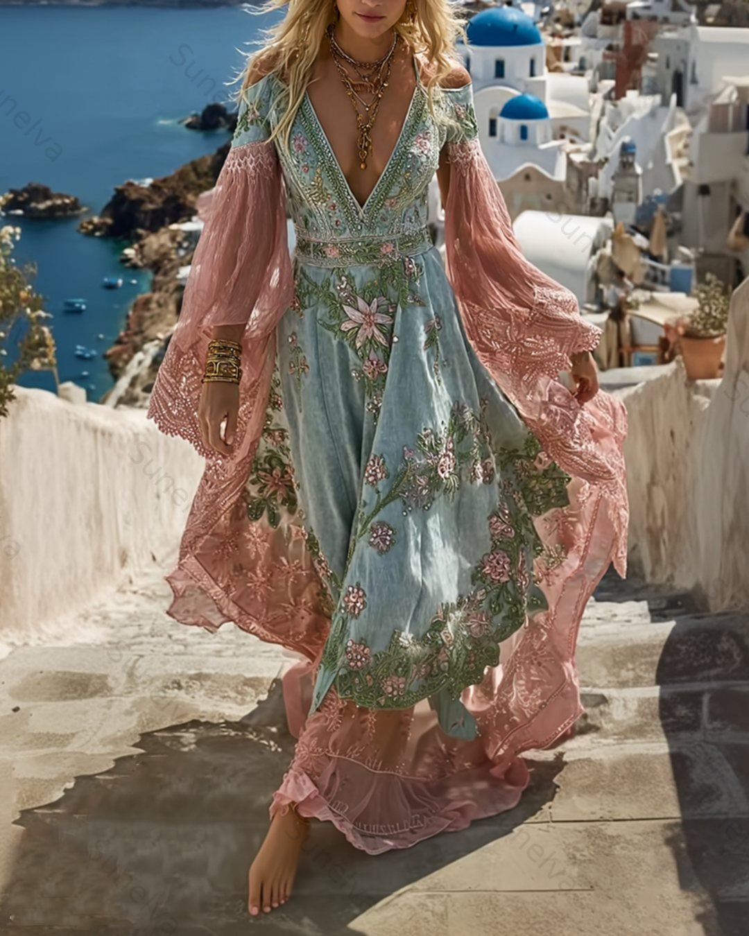 Women's Vacation Flowers Embroidery Linen Patchwork Dress 3122