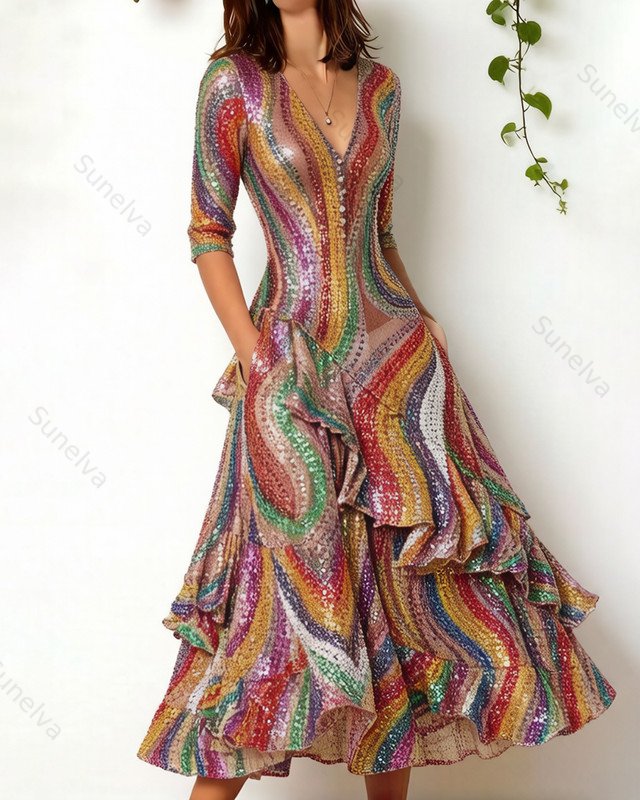 Women's Retro Elegant Colorful Sequin Print Irregular Ruffle Patchwork Linen Dress 5223