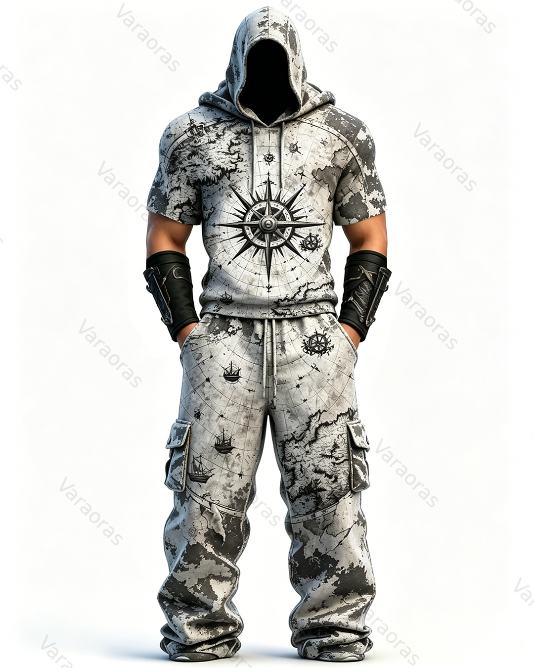 Men's Fashion Vintage Gradient Embroidered Hoodie & Pants Two-Piece Set 5982
